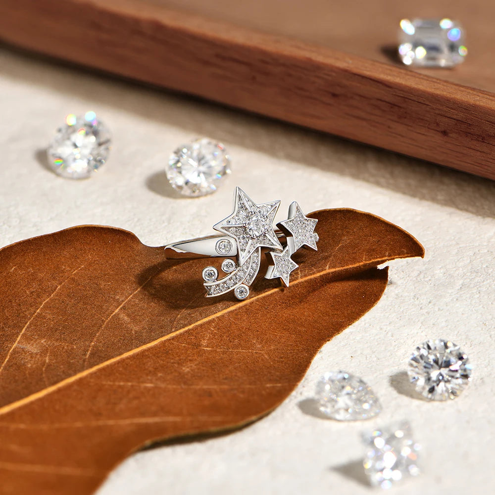Light Luxury All Moissanite Star Rings 925 Sterling Silver for Women Unique Design With Lucky Genuine Fine Jewelry Gift