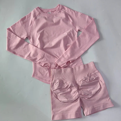 2 Pieces Set Women Longline Long Sleeve Gym Crop Top High Waist Workout Shorts Sports Suit Fitness Clothes Seamless Yoga Set