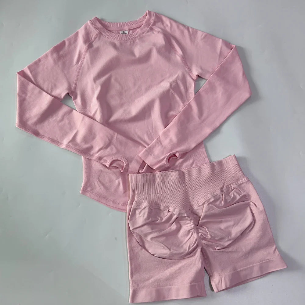 2 Pieces Set Women Longline Long Sleeve Gym Crop Top High Waist Workout Shorts Sports Suit Fitness Clothes Seamless Yoga Set