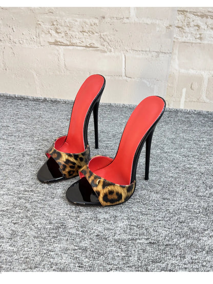 New 12cm fashionable high-heeled patent leather leopard print slippers with sexy open toed sandals, reversed size, 33-46