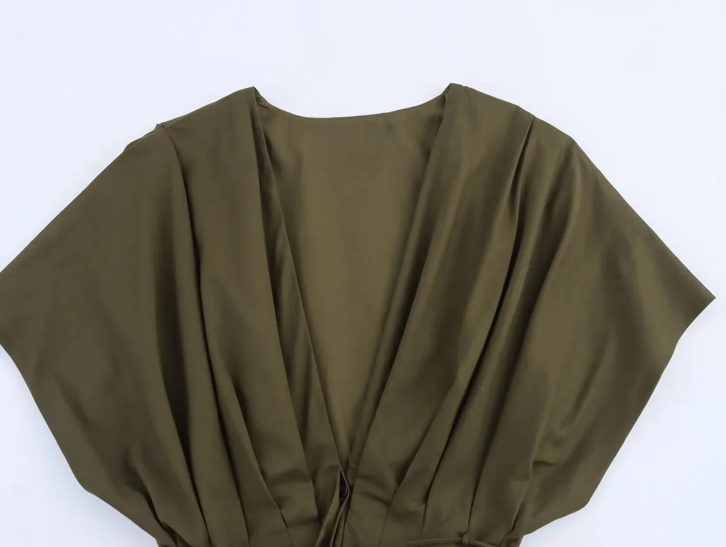women's casual fashion pleated drop shoulder short sleeve V-neck midi long dress