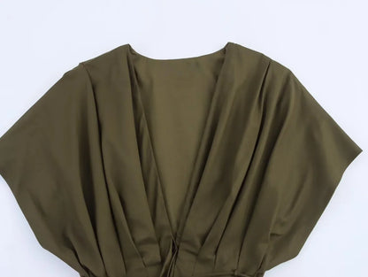 women's casual fashion pleated drop shoulder short sleeve V-neck midi long dress