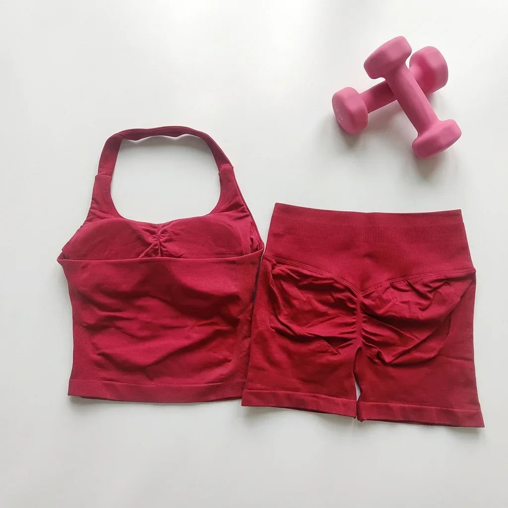 Sexy Halter Neck Beautiful Back High Waist Peach Sports Bras Shorts Suit Pilates Gathering Yoga Vest Training Fitness Bra Sets