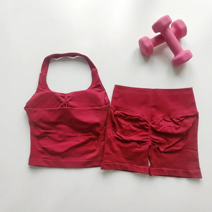 Sexy Halter Neck Beautiful Back High Waist Peach Sports Bras Shorts Suit Pilates Gathering Yoga Vest Training Fitness Bra Sets