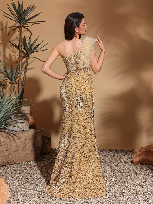 Sequined off-shoulder mesh splicing decorated slit dress