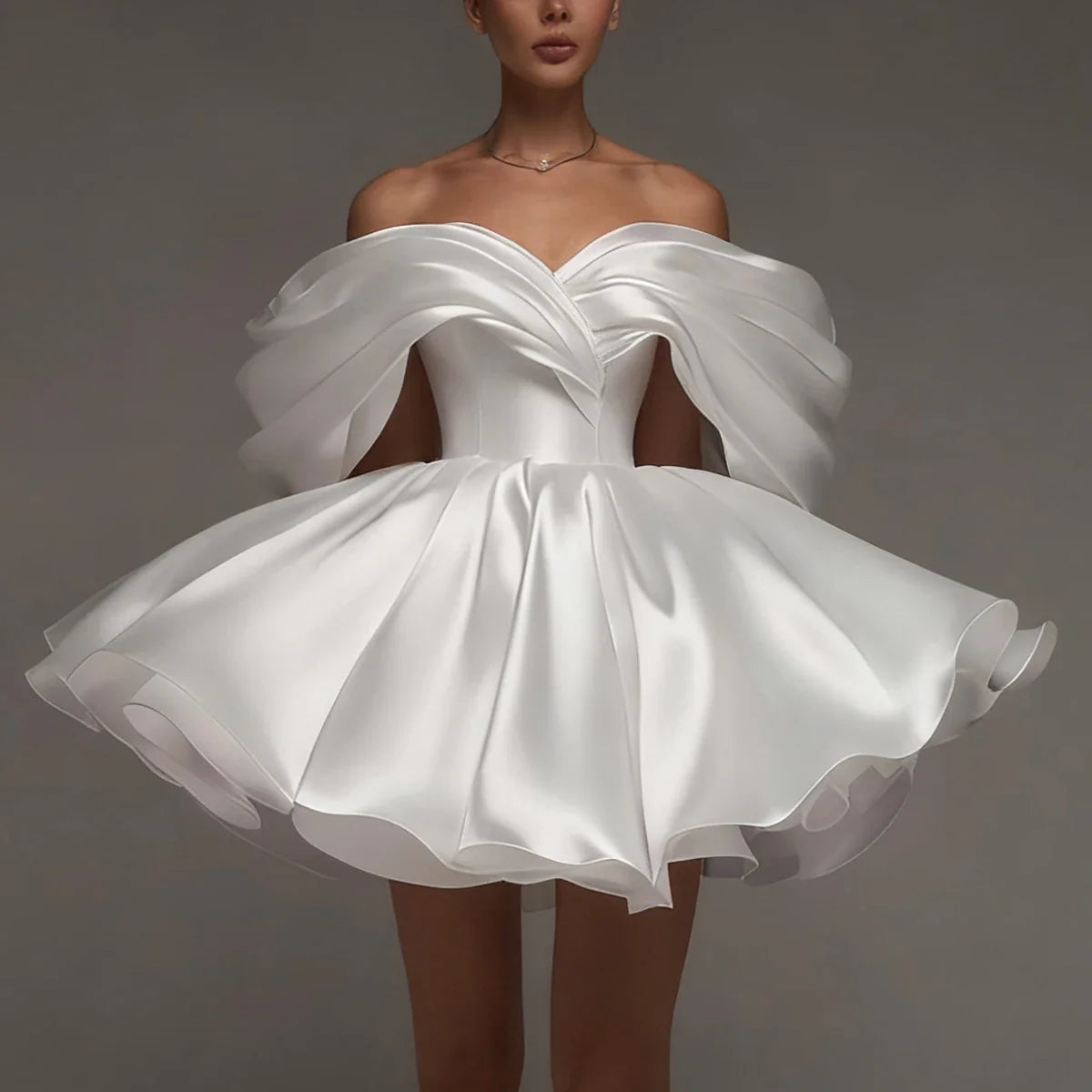 Elegant Puffy Short Wedding Dresses A Line Satin Off Shoulder Bridal Party Gown Mini Backless Ball Gown For Women Vestidos Novia