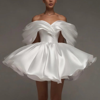 Elegant Puffy Short Wedding Dresses A Line Satin Off Shoulder Bridal Party Gown Mini Backless Ball Gown For Women Vestidos Novia