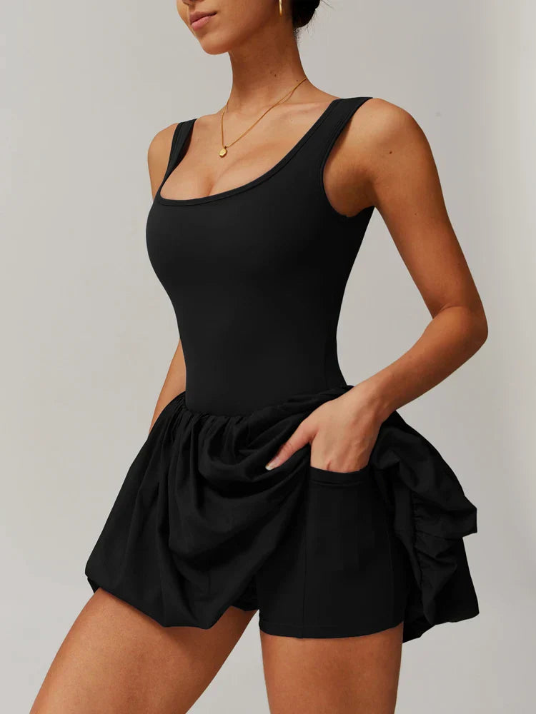 Workout Tennis Dress with Built in Shorts Square Neck Padded Workout Dress with Pockets Golf Athletic Mini Dresses