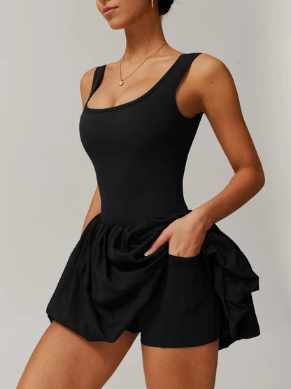 Workout Tennis Dress with Built in Shorts Square Neck Padded Workout Dress with Pockets Golf Athletic Mini Dresses