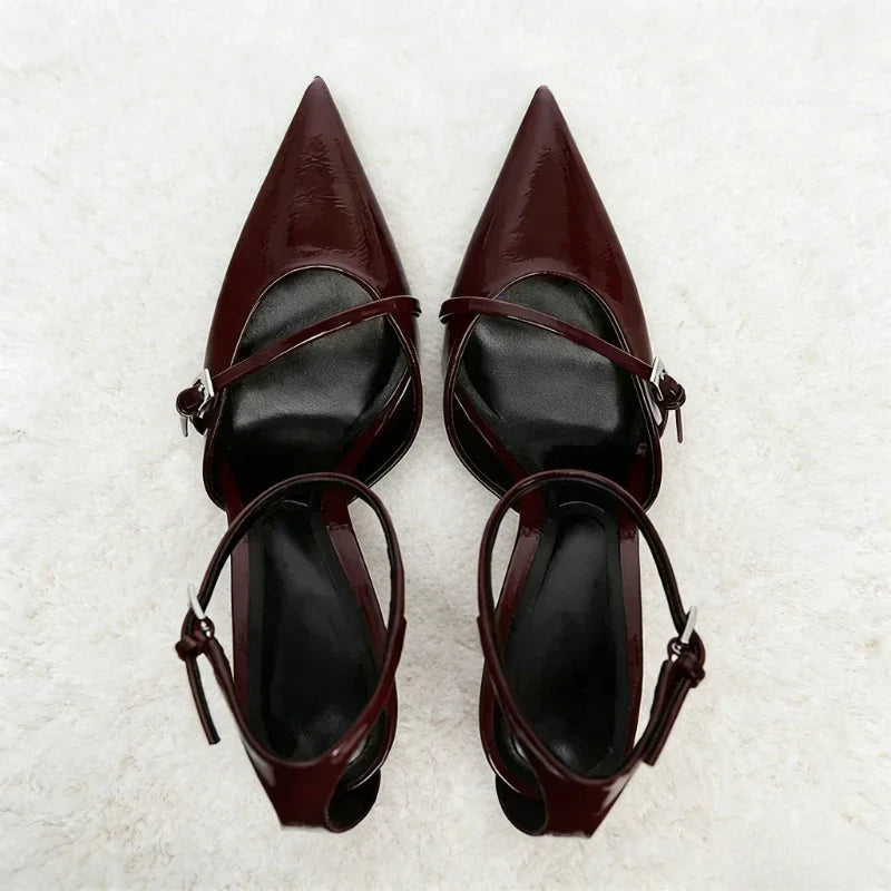 Ankle Strap Thin High Heels Women Summer Patent Leather Luxury Banquet Wedding Shoe Elegant Pointed Toe High Heeled Sandals