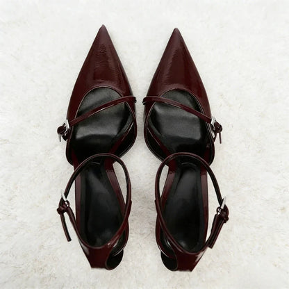 Ankle Strap Thin High Heels Women Summer Patent Leather Luxury Banquet Wedding Shoe Elegant Pointed Toe High Heeled Sandals