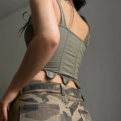 Women's Retro Lace-up Corset Crop Top Sleeveless Spaghetti Straps Bustiers Corsets Medieval Slim Tight Cami Tops Club Outwear