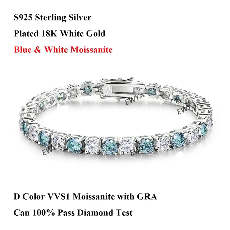 Full 3/4/5/6.5MM D Color Blue Green White Moissanite Tennis Bracelet for Men Women S925 Silver All Diamond Link Bracelets
