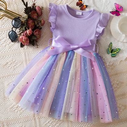 Girls Flying Sleeves Bow Sequin Dress Kids Baby Girl Birthday Party Fluffy Tutu Princess Dress 1-5Y