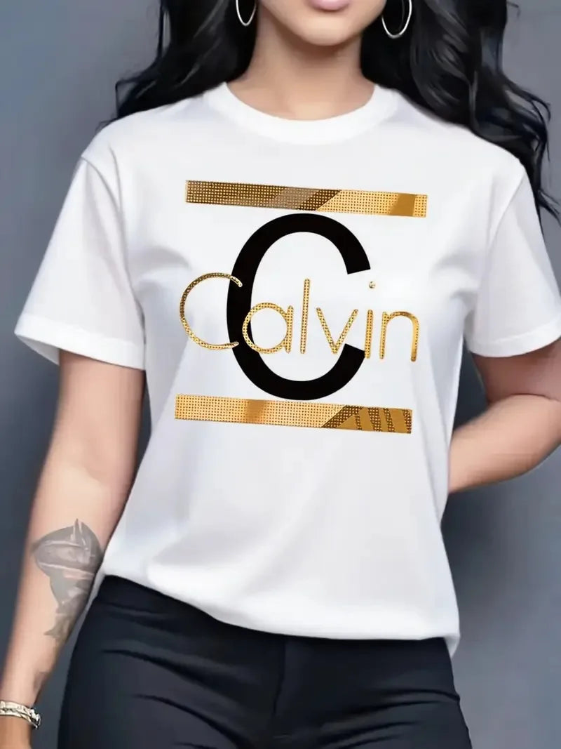 Women's Summer Fashion Casual Calvin Letter Pattern Print Loose Round Neck Short Sleeve Sportswear T-shirt y2k clothes