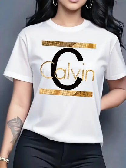 Women's Summer Fashion Casual Calvin Letter Pattern Print Loose Round Neck Short Sleeve Sportswear T-shirt y2k clothes