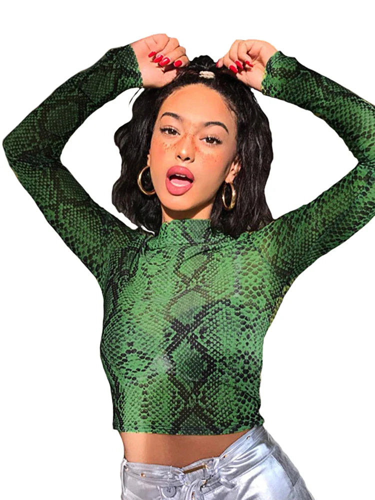 Casual Green Snake Print T Shirt Women Mesh Top Long Sleeve Transparent Snakeskin Female T-shirt High Neck Crop Tops