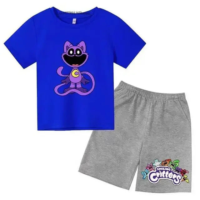Smiling Critters Cartoon Print Kids Summer Cute 2pcs Soft T-shirts+Pants Suits 2-13Years Boys Girls Casual Sets Children Clothes