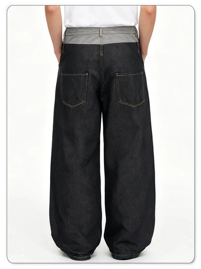 Men's Retro Personalized Double Waist Design Loose Wide Leg Jeans Street Design Denim Pants Gothic Baggy Machete Wide Leg Jeans