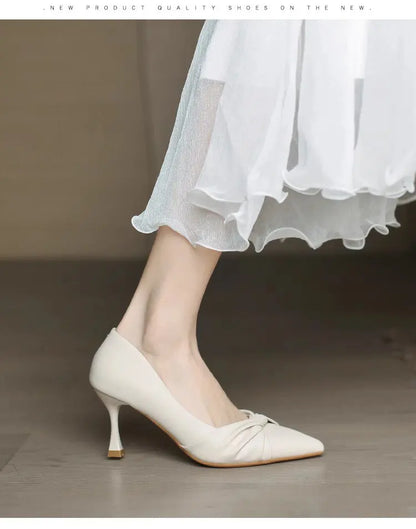 2026 New Women's Pointed Toe Stiletto Heels, Elegant Beige Ruched Pumps, Comfortable Commuter Shoes for Wedding Party Dress