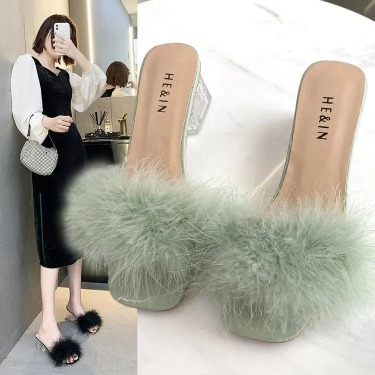 2023 Fluffy Peep Toe Sexy High Heels Women Shoes Fur Feather Lady Fashion Wedding Slip-On Pink Square Toe Women Sandals