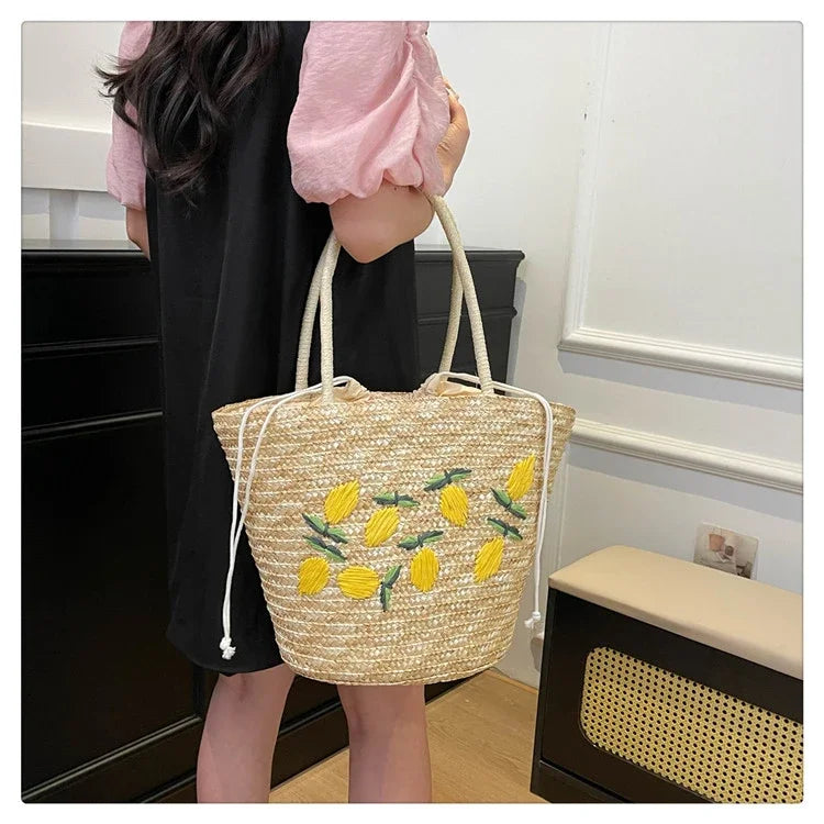 Embroidery Fruit Solid Color Shoulder Bag Straw Woven Hollow Versatile 2025 High Quality Bags for Women New Beach Handbags