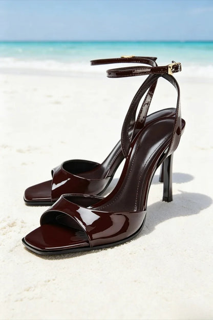 Elegant Burgundy Patent Leather High-heel Sandals Women Fashion Square Toe Stiletto Designer Shoes Sexy Open-toe Slingback Heels