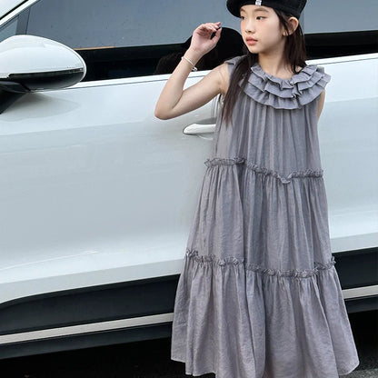Vestido infantil feminino vestido de verão infantil vestido estilo coreano vestido de princesa vestido de verão doce sem mangas para crianças grandes