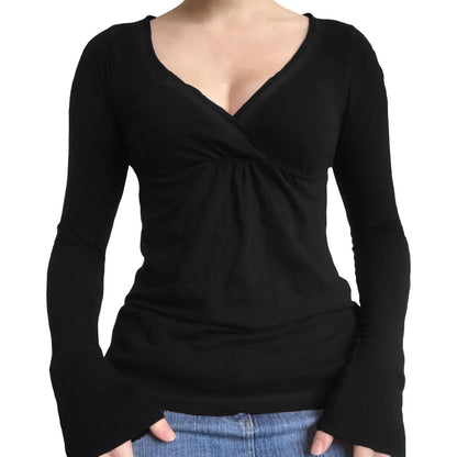 Women y2k Long Sleeve Bodycon T-Shirts Sexy V Neck Low-cut Solid Color Soft Slim Fit Tops Spring Fall Casual Going Out Tee Top