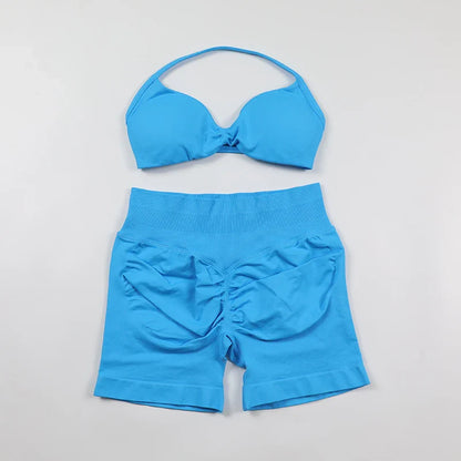 Scrunch Seamless Yoga Set Women Sportswear Ribbed Gym Shorts Strappy Sports Bra 2 Piece Set Halter Workout Clothes Fitness Suit