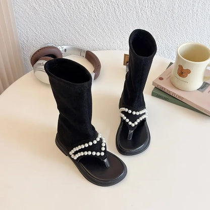 2025 Children High-top Sandals for Girls Summer New Fashion Korean Style Soft Sole Non-slip Versatile Pearl Roman Princess Shoes