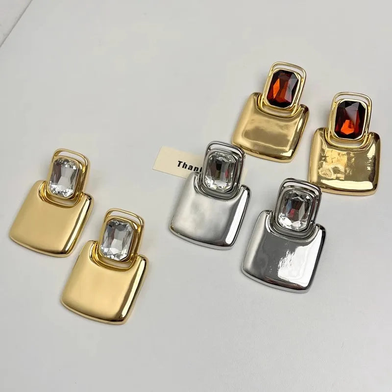 Vintage Exaggerated Metal Square Geometric Crystal Large Earrings for Women European American Personality Party Heavy Jewelry
