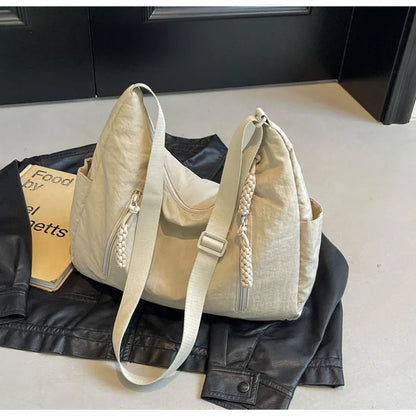 Summer Women Solid Color Shoulder Bag Fashion Lightweight Versatile Travel Crossbody Bag Commuter Nylon Large Capacity Hobo Bag