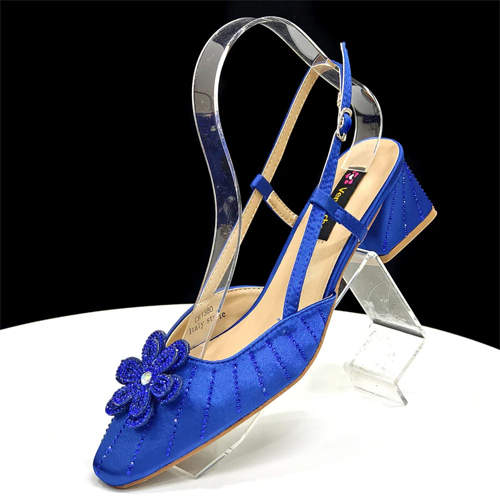 Elegant Italian Women's Blue Color Rhinestone Heels with Floral Design & Matching Clutch Bag Set - Perfect for Parties