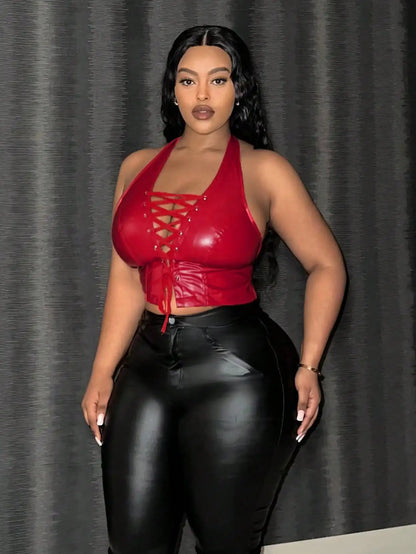 Sexy Leather Crop Top for Women with Hanging Neck Strap Hollow out Belted Waist Tight Strap Vest Large Size European Style