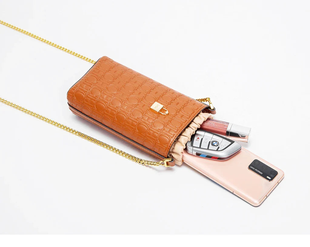 Phone Bag 2024 New Embossed Crossbody Bag High Quality Metal Chain Bag