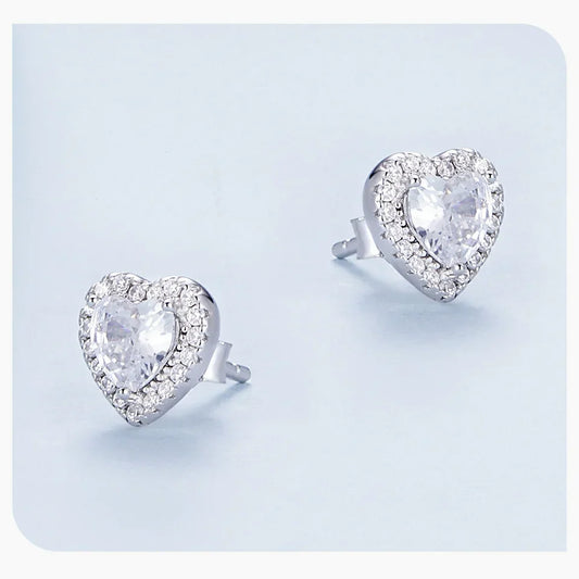 Gold Plated Halo CZ Stud Earrings 925 Sterling Silver Hypoallergenic Classic Elegant Heart Earrings Jewellry BSE894