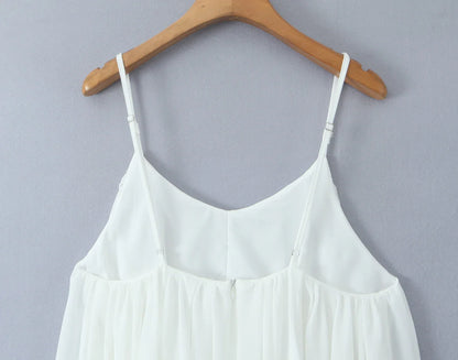Women White  Big Backless Sling Dress O neck Back Zipper Loose Swing Mini Short Dresses Holiday Robe
