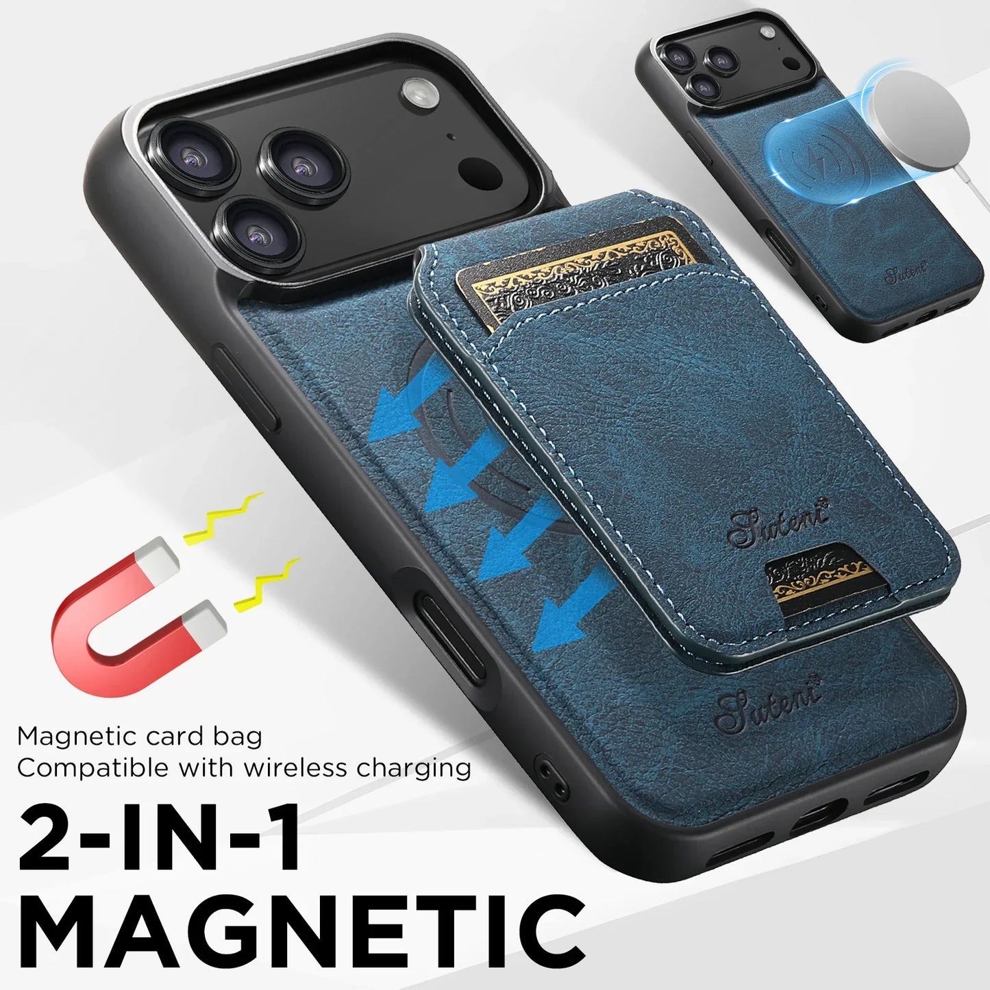 Wireless Charging Phone Case Magnet Card Holder Stand Faux Leather For iPhone 17 Pro Max 16 Plus 15 14 13 12