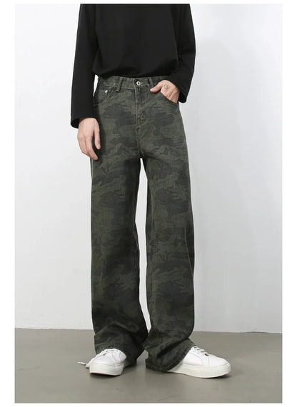 Tide Camouflage Jeans Men's Ins Loose Straight Wide Leg Casual Denim Pants Loose Male Trousers 12C2036