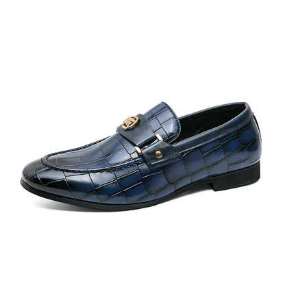 Men Metal Decor Crocodile Embossed Slip On Dress Loafers, Leisure Burgundy Dress Shoes