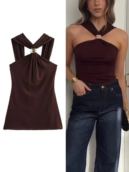 New Halter Tops Fashion Metal Decoration Crop Top Woman 2026 Sleeveless Hanging Collar Short Tops For Women Sexy Party Top