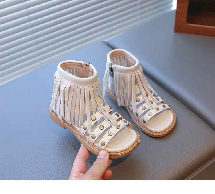 England Style Fashion Tassel Sandals Summer New Side Zipper Rivet High-top Sandals Student Beige Brown Roman Shoes Fringe I05235