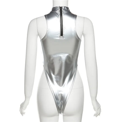 Summer Sleeveless Sexy Bodysuit Slim Silver Y2k Clothes Skinny High Waist One-pieces Women O-neck Hot Bodys Para Mujer De Vestir