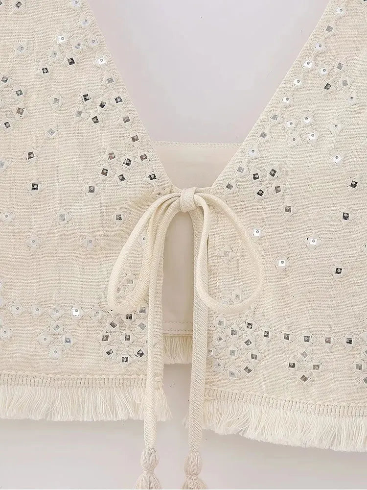 Y2K Embroidery Women Waistcoats Summer Lightweight V Neck Sleeveless Tassels Hem Slim Vest Female Crop Top