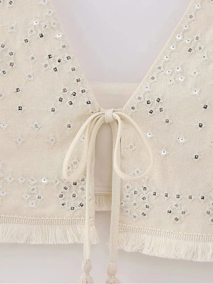 Y2K Embroidery Women Waistcoats Summer Lightweight V Neck Sleeveless Tassels Hem Slim Vest Female Crop Top