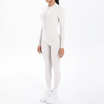 Solid Color Bodysuits for Woman's Backless Long Sleeved Zipper Yoga Jumpsuits High Dtrength Workout Sports Fitness Clothing Set