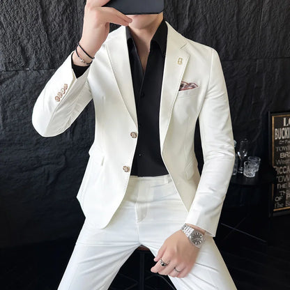 Men's Korean Style Slim Fit Suit Set, High Quality Fabric Solid Color Edge Pressing for Wedding Business