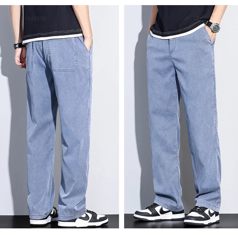 Summer New Upgrade Soft Lyocell Fabric Jeans Men Ultrathin Blue Elastic Waist Loose Straight Denim Trousers Male Plus Size 5XL