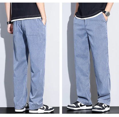 Summer New Upgrade Soft Lyocell Fabric Jeans Men Ultrathin Blue Elastic Waist Loose Straight Denim Trousers Male Plus Size 5XL